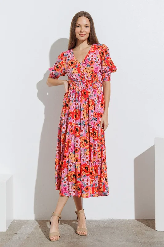 Women's midi dress citrus pop -Fuchsia Floral Button Front Smocked Waist Tiered Midi Dress