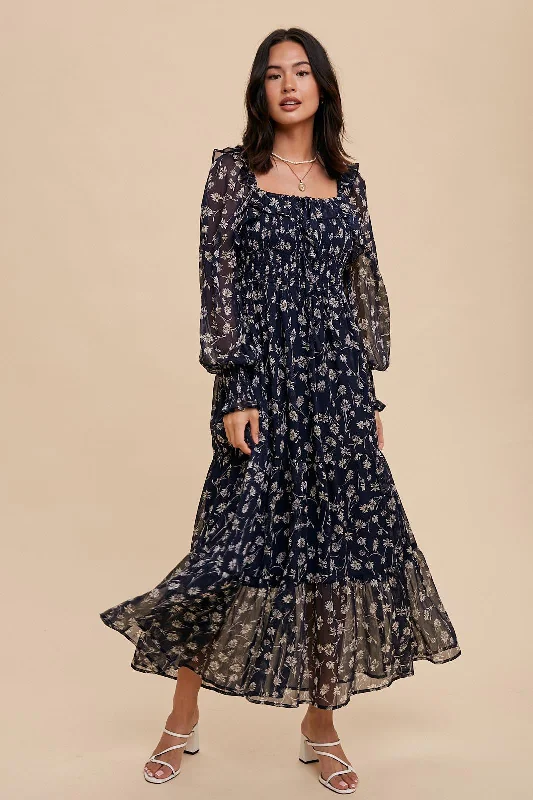 ladies-maxi-dress-plus-size-prance-Navy Blue Floral Ruffle Square Neck Smocked Maxi Dress