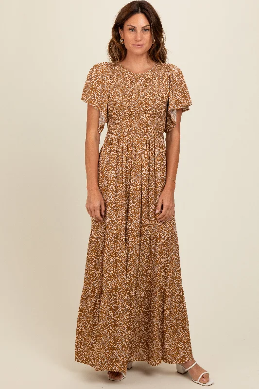 ladies-maxi-dress-bold-bloom-Camel Floral Smocked Flutter Sleeve Maxi Dress