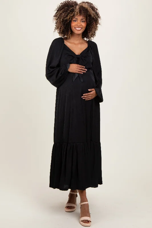 ladies-maxi-dress-yellow-yield-Black Bow Satin Maternity Maxi Dress