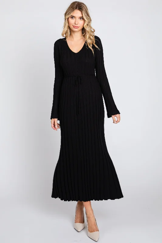 ladies-maxi-dress-metallic-mirth-Black Ribbed Knit Maxi Dress