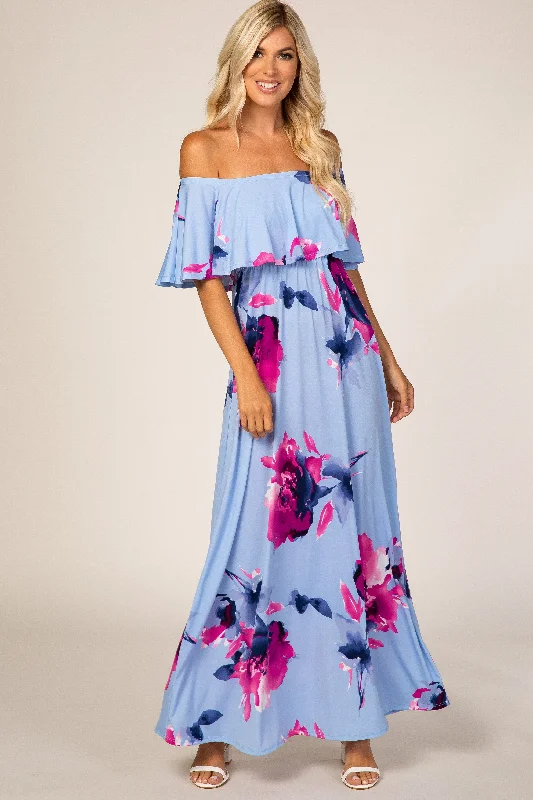 ladies-maxi-dress-teal-tide-Light Blue Floral Off Shoulder Maxi Dress