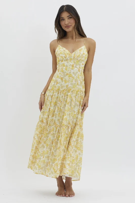 ladies-maxi-dress-tall-tide-Yellow V Neckline Floral Print Maxi Dress