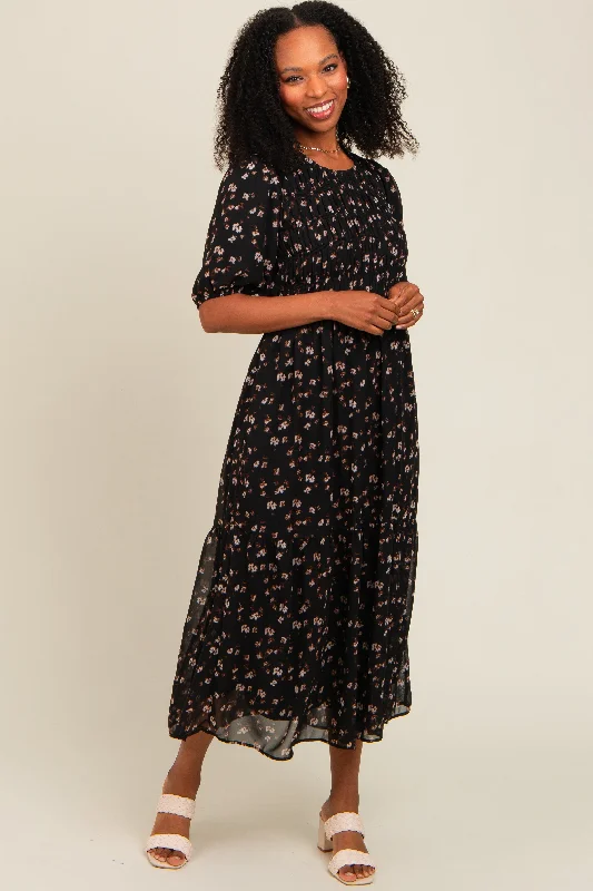 Women's midi dress glint pop -Black Floral Smocked Sash Tie Midi Dress