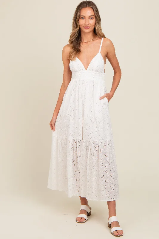 ladies-maxi-dress-color-charm-Ivory Eyelet Lace Smocked Cutout Maxi Dress