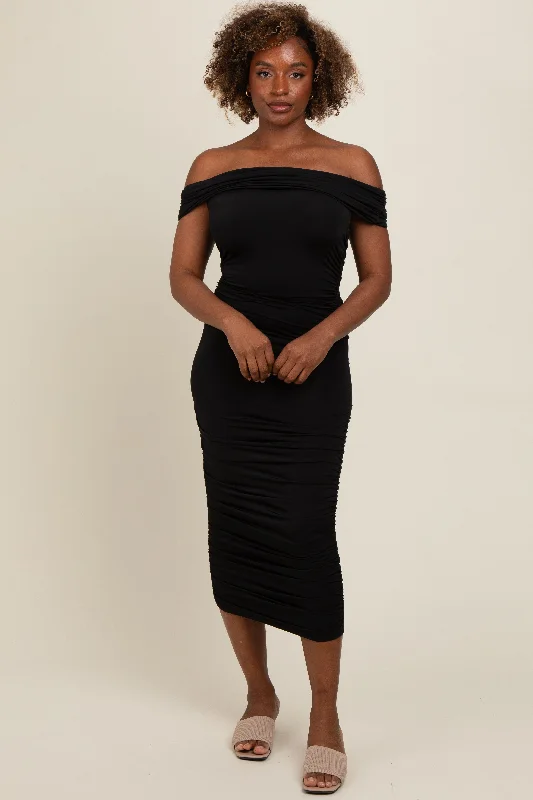 Women's midi dress veil glow -Black Off Shoulder Ruched Midi Dress