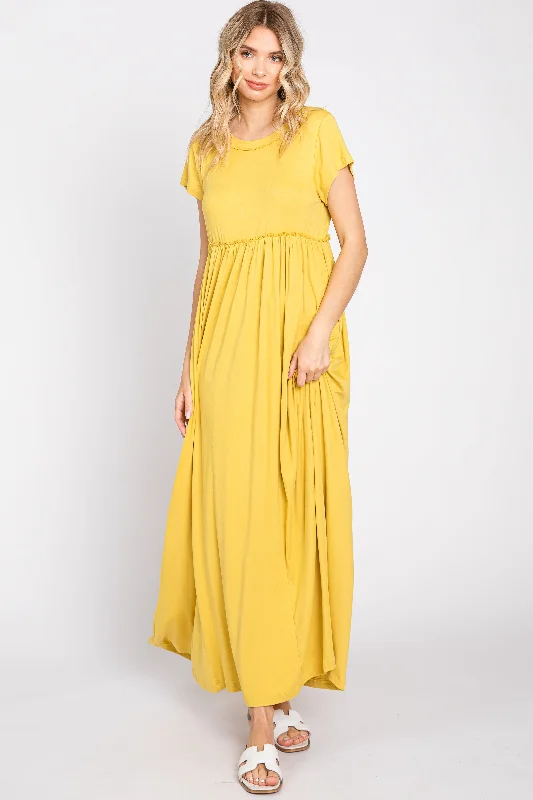 ladies-maxi-dress-beach-bliss-Yellow Short Sleeve Pocketed Maxi Dress