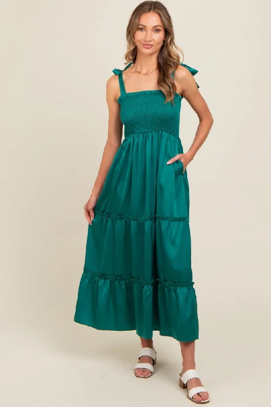 ladies-maxi-dress-plum-poise-Forest Green Satin Smocked Maxi Dress