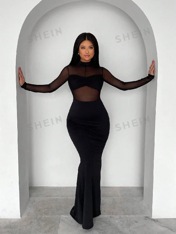 ladies-bodycon-dress-seasonal-snap-SXY Contrast Mesh Mermaid Hem Bodycon Dress