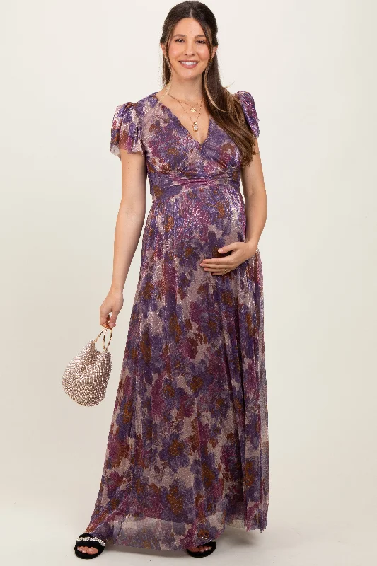 ladies-maxi-dress-umber-undertone-Violet Floral Metallic Flutter Sleeve Maternity Maxi Dress