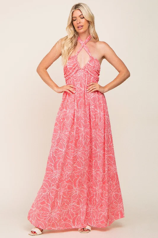 ladies-maxi-dress-celeb-chic-Coral Floral Halter Neck Maxi Dress