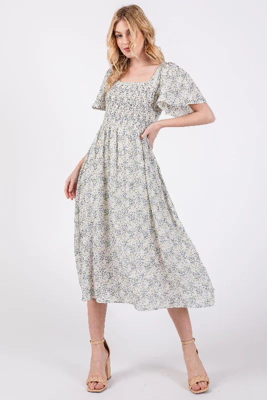 Women's midi dress free chic -White Floral Square Neck Smocked Midi Dress