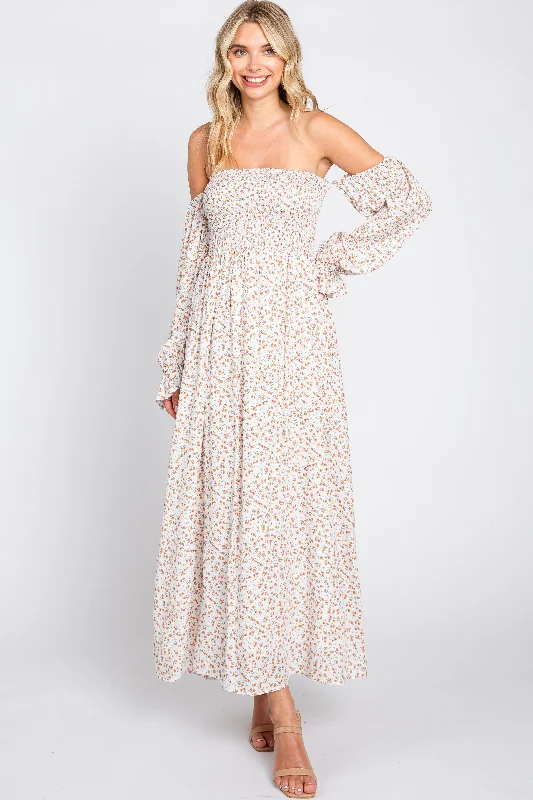 ladies-maxi-dress-slit-sunset-Cream Floral Square Neck Smocked Long Sleeve Maxi Dress