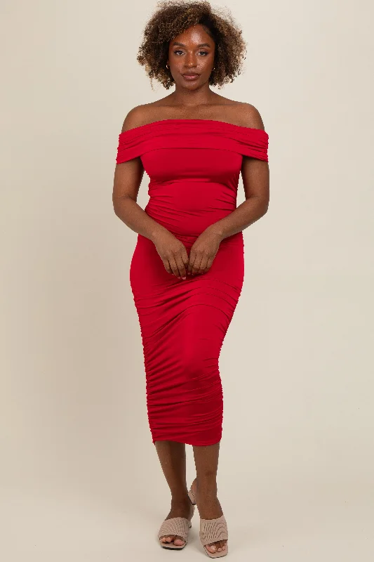 Women's midi dress honey chic -Red Off Shoulder Ruched Midi Dress