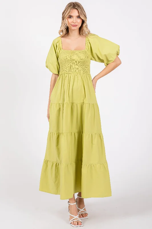 ladies-maxi-dress-eggplant-ember-Light Olive Smocked Square Neck Puff Sleeve Tiered Maxi Dress