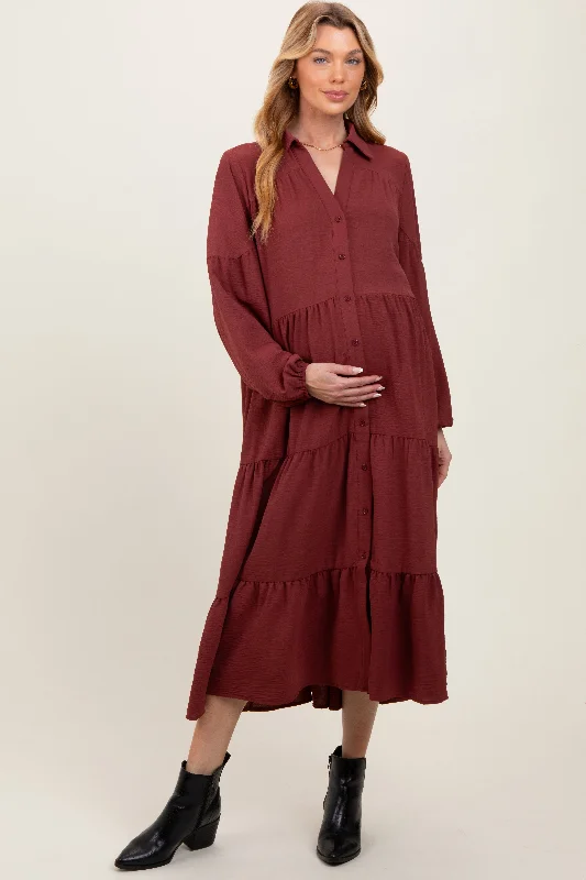 ladies-maxi-dress-a-line-aura-Rust Tiered Button Down Long Sleeve Maternity Maxi Dress