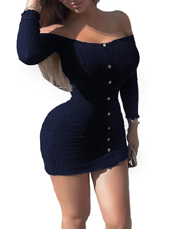 ladies-bodycon-dress-cowl-cute-TastyHottie - Knitted Botton Down Mini Club Dress Bodycon Tops Blouse Long Sleeve Pullover Sweater Dress