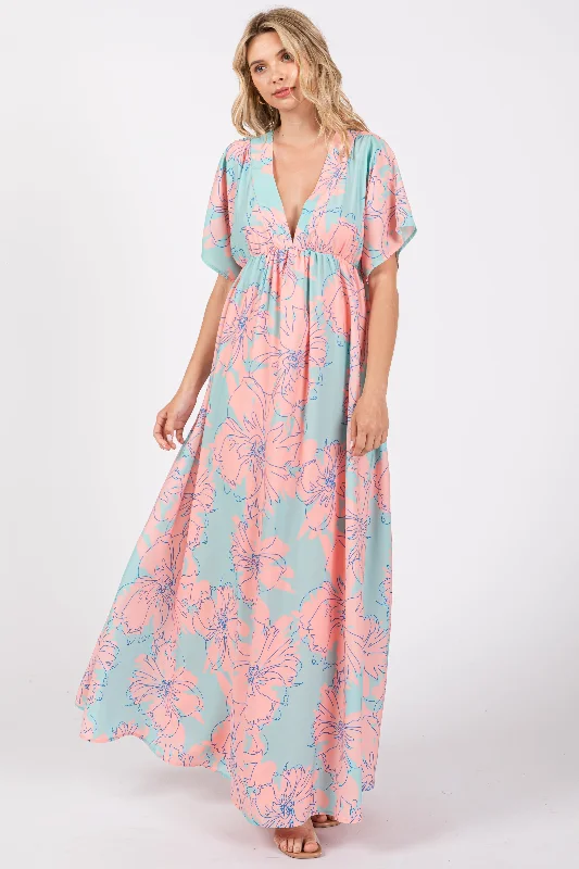 ladies-maxi-dress-brunch-breeze-Salmon Floral Back Cutout Maxi Dress