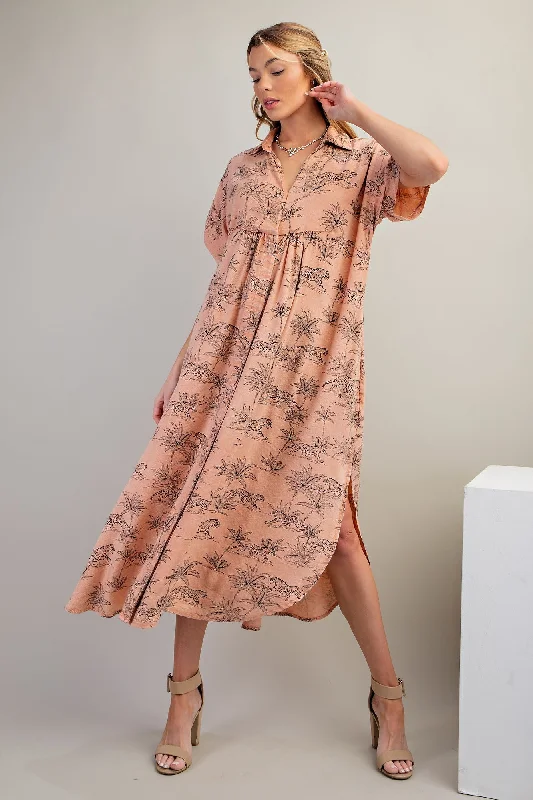 Women's midi dress morn pop -Peach Tiger Print Button Front Rounded Hem Midi Dress