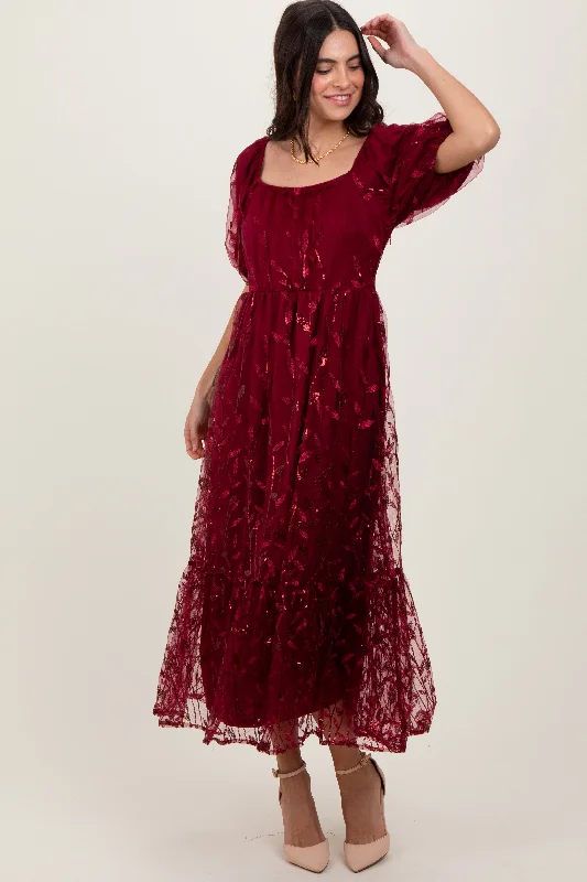 ladies-maxi-dress-brunch-breeze-Burgundy Embroidered Sequin Detail Mesh Overlay Maxi Dress