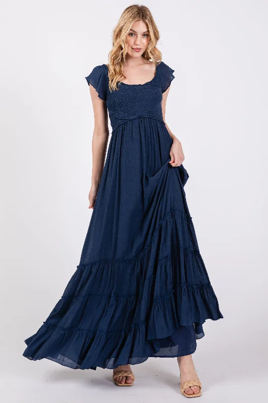 ladies-maxi-dress-matte-mirth-Navy Smocked Crossover Off Shoulder Maxi Dress