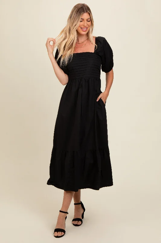 Women's midi dress beat flair -Black Pleated Bodice Puff Sleeve Midi Dress