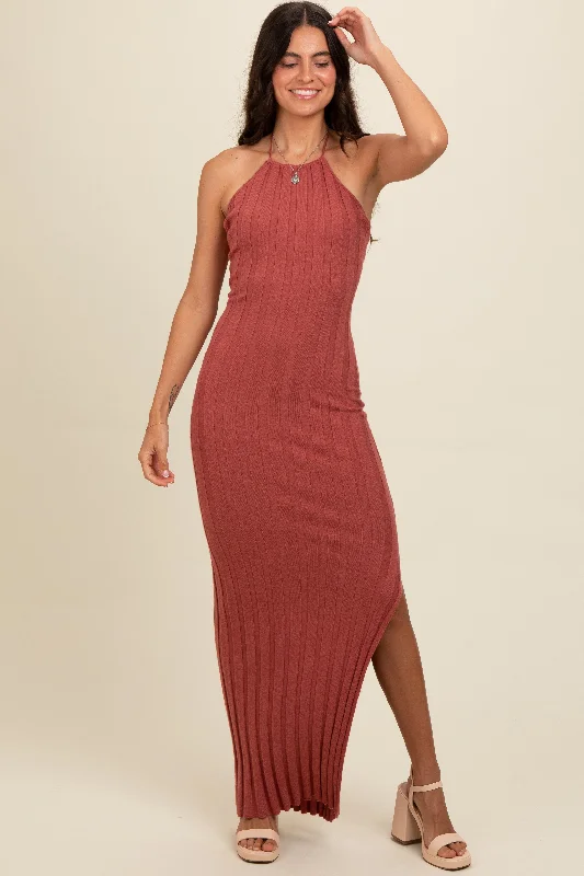 ladies-maxi-dress-forest-fable-Rust Ribbed Knit Halter Neck Maxi Dress