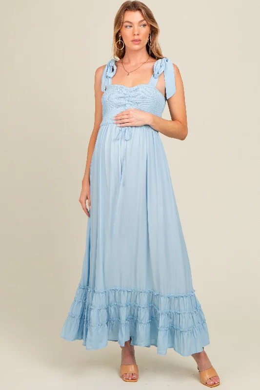 ladies-maxi-dress-fitted-fawn-Light Blue Sweetheart Neck Smocked Shoulder Tie Maternity Maxi Dress