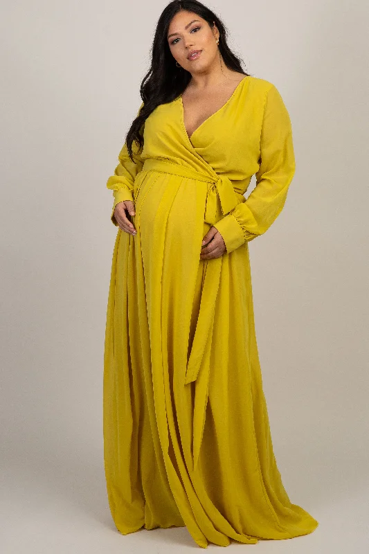 ladies-maxi-dress-fringe-fable-Yellow Chiffon Long Sleeve Plus Maternity Maxi Dress