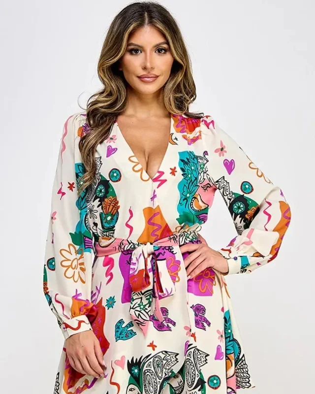 ladies-mini-dress-preppy-punch-Printed Long Sleeve Mini Dress With Belt | Beige