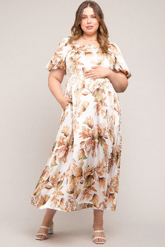 ladies-maxi-dress-floral-fable-Cream Floral Satin Puff Sleeve Maternity Plus Maxi Dress