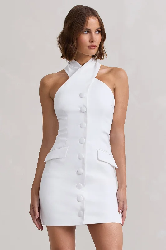 ladies-bodycon-dress-amber-amped-Dani | White Halter Neck Tailored Buttoned Bodycon Mini Dress