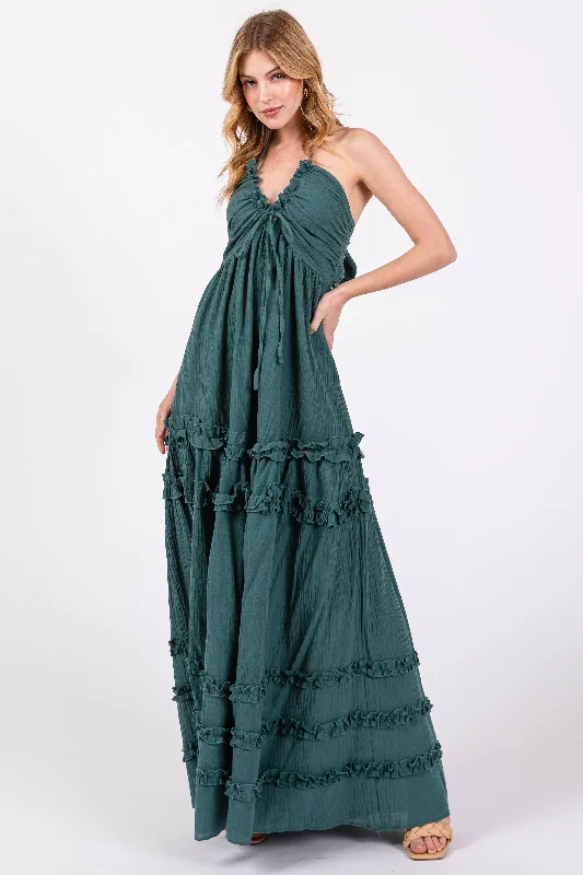 ladies-maxi-dress-peach-petal-Dark Teal Ruffle Ruched Deep V-Neck Maxi Dress