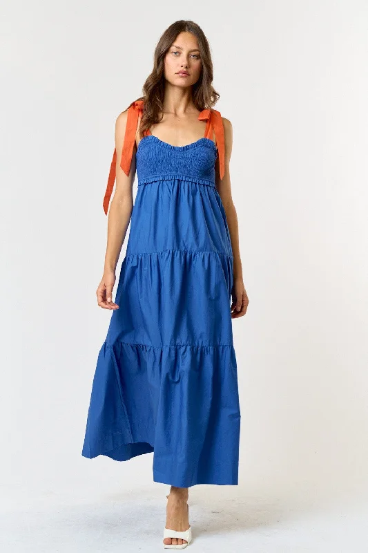 ladies-maxi-dress-puff-sleeve-poise-Royal Blue Contrast Shoulder Straps Maxi Dress