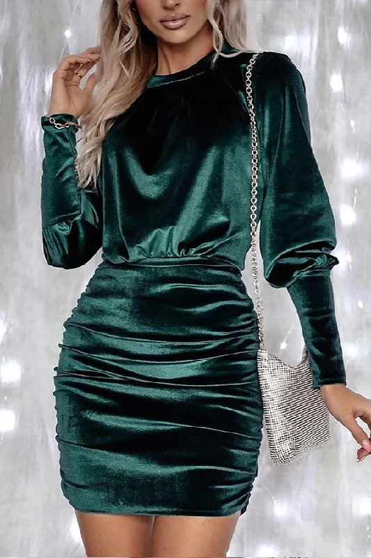 ladies-bodycon-dress-boho-bombshell-Green Velvet Puff Sleeve Ruched Bodycon Dress