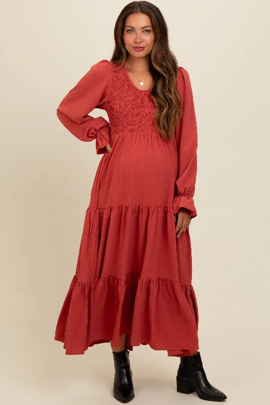 ladies-maxi-dress-spring-sunset-Rust Smocked Tiered Long Sleeve Maternity Maxi Dress