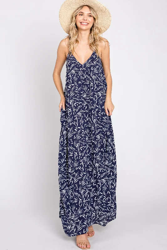 ladies-maxi-dress-matte-mirth-Navy Leaf Print Double V-Neck Maxi Dress