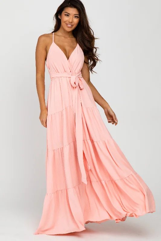 ladies-maxi-dress-pleated-prance-Peach Racerback Tiered Maxi Dress