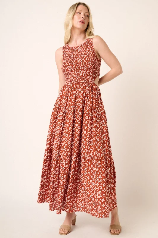 ladies-maxi-dress-shift-shimmer-Rust Abstract Animal Print Cut Out Detail Maxi Dress