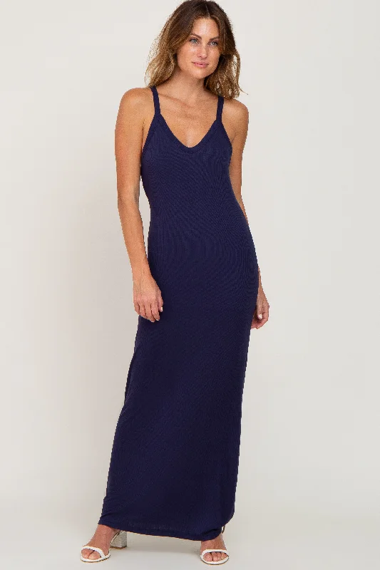 ladies-maxi-dress-mesh-muse-Navy Ribbed Basic Maxi Dress