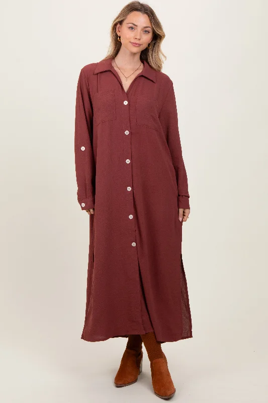 ladies-maxi-dress-sophisticated-sweep-Rust Long Sleeve Button Down Maxi Dress