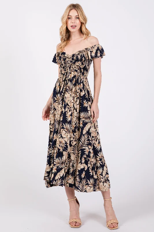 ladies-maxi-dress-plunge-poise-Navy Tropical Print Smocked Short Sleeve Maxi Dress