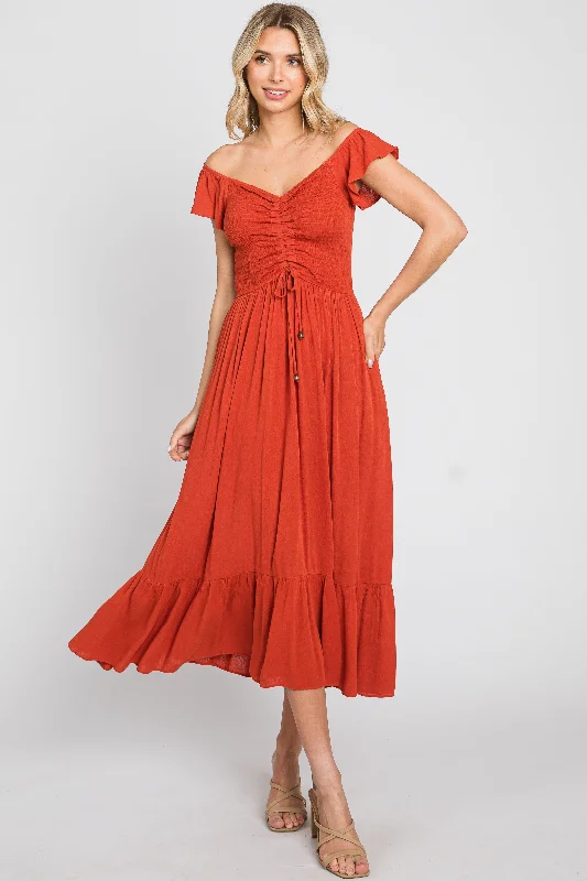 ladies-maxi-dress-elegant-ember-Rust Smocked Ruched Ruffle Hem Maxi Dress