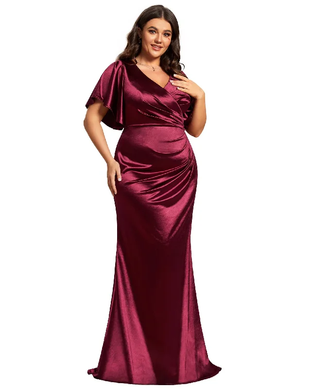 ladies-bodycon-dress-dance-dare-Pleated Bodycon Ruffles Sleeve High Stretch Satin Evening Dress | Burgundy