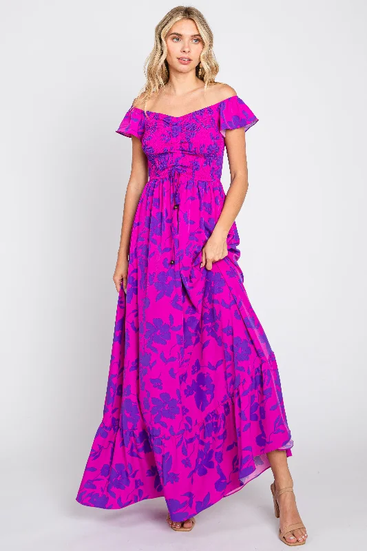 ladies-maxi-dress-plum-poise-Magenta Floral Smocked Cinched Top Maxi Dress