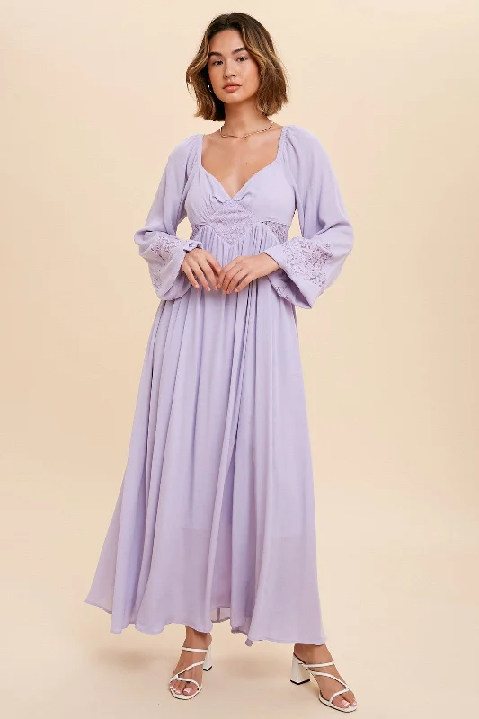 ladies-maxi-dress-party-petal-Lavender Lace Accent Long Sleeve Maxi Dress