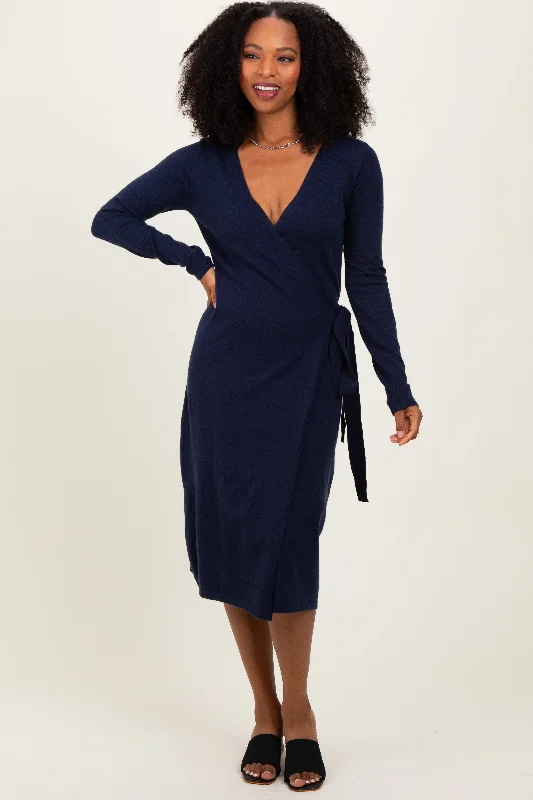 Women's midi dress lax pop -Navy Blue Knit Long Sleeve Wrap Midi Dress