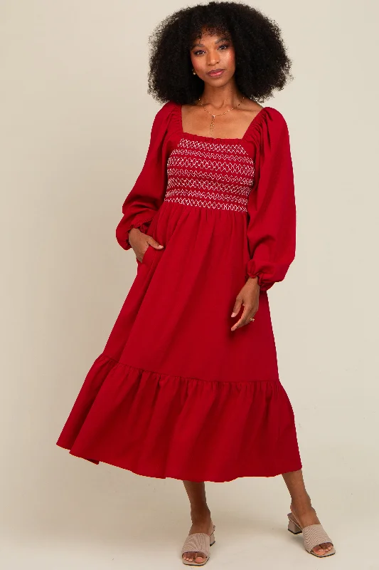 Women's midi dress roam chic -Burgundy Contrast Smocked Balloon Sleeve Midi Dress