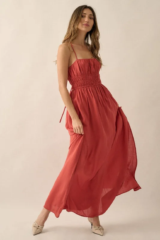 ladies-maxi-dress-plus-size-prance-Rust Solid Gather-Bodice Straight-Neck Maxi Dress