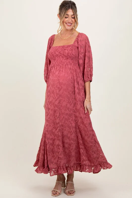 ladies-maxi-dress-floral-fable-Mauve Textured Overlay Smocked Ruffled Hem Maternity Maxi Dress